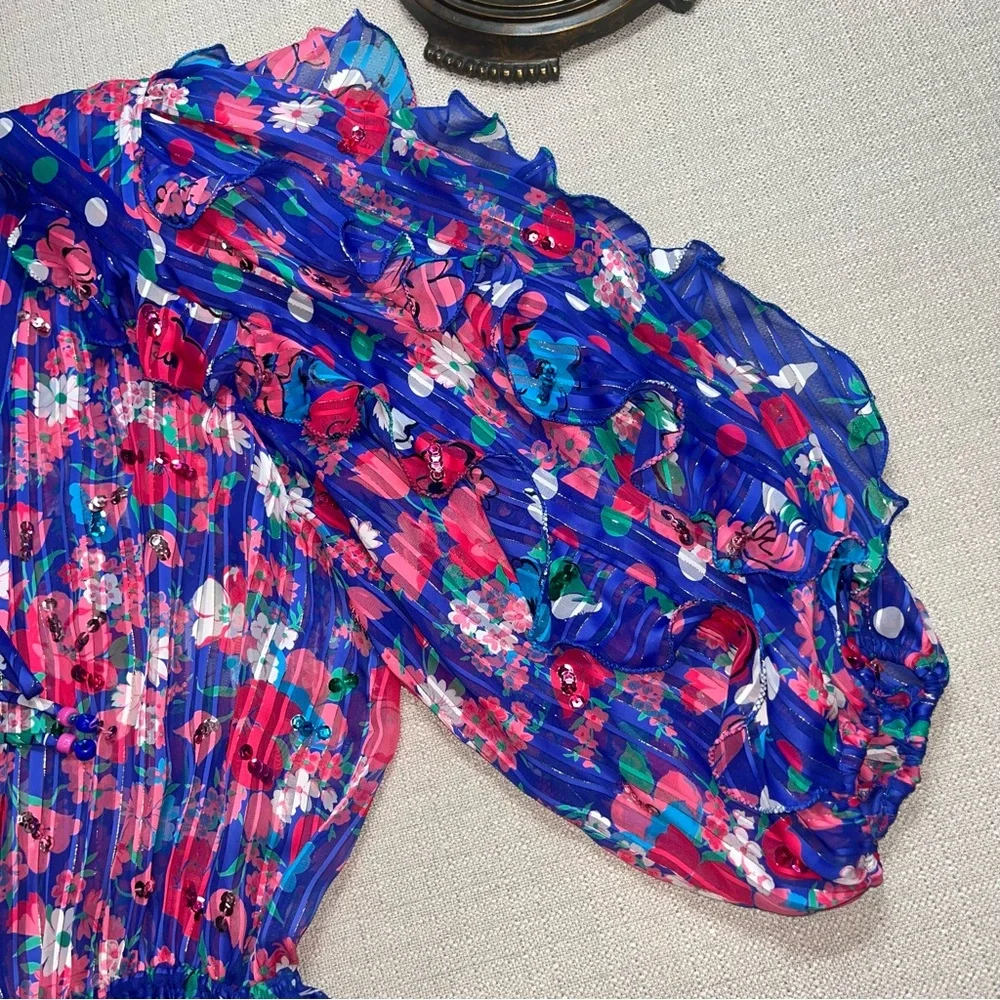 Diane Freis Original Vintage Midi Dress Blue Floral Sequin Boho 80s - Picture 6 of 12